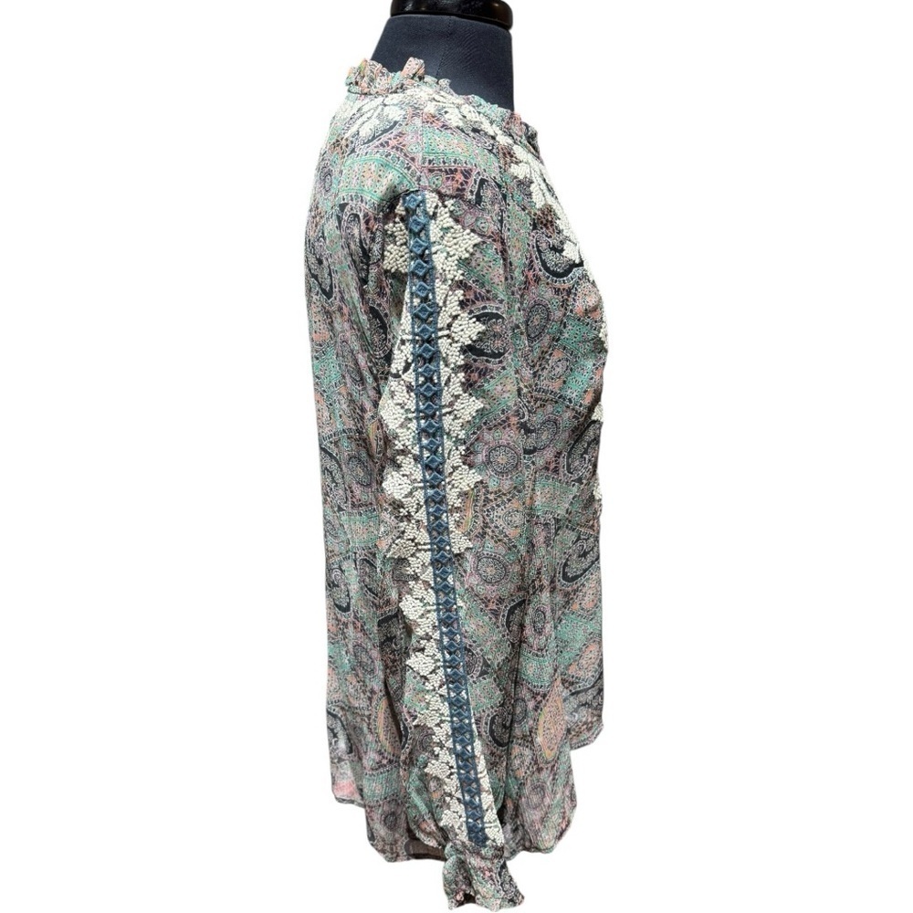 Sundance Bohemian Paisley Embroidered Cupro Blouse Ruffle Keyhole Back Size M - Picture 2 of 8
